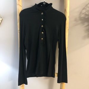Tory Burch Black Button Up ruffle neck blouse